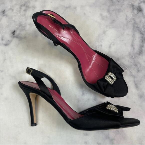 Kate Spade Happily Black Satin Slingback Heels Rhinestone Bow Evening Shoes - Picture 1 of 9